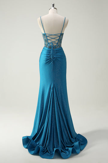 Sparkly blu Spaghetti Straps scollo a V increspato lungo abito da cerimonia con perline